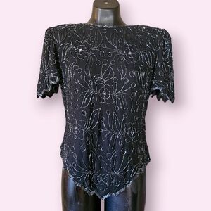 Vintage JMD New York Black Sequin Shoulder Pad Zip Up Back Top Blouse